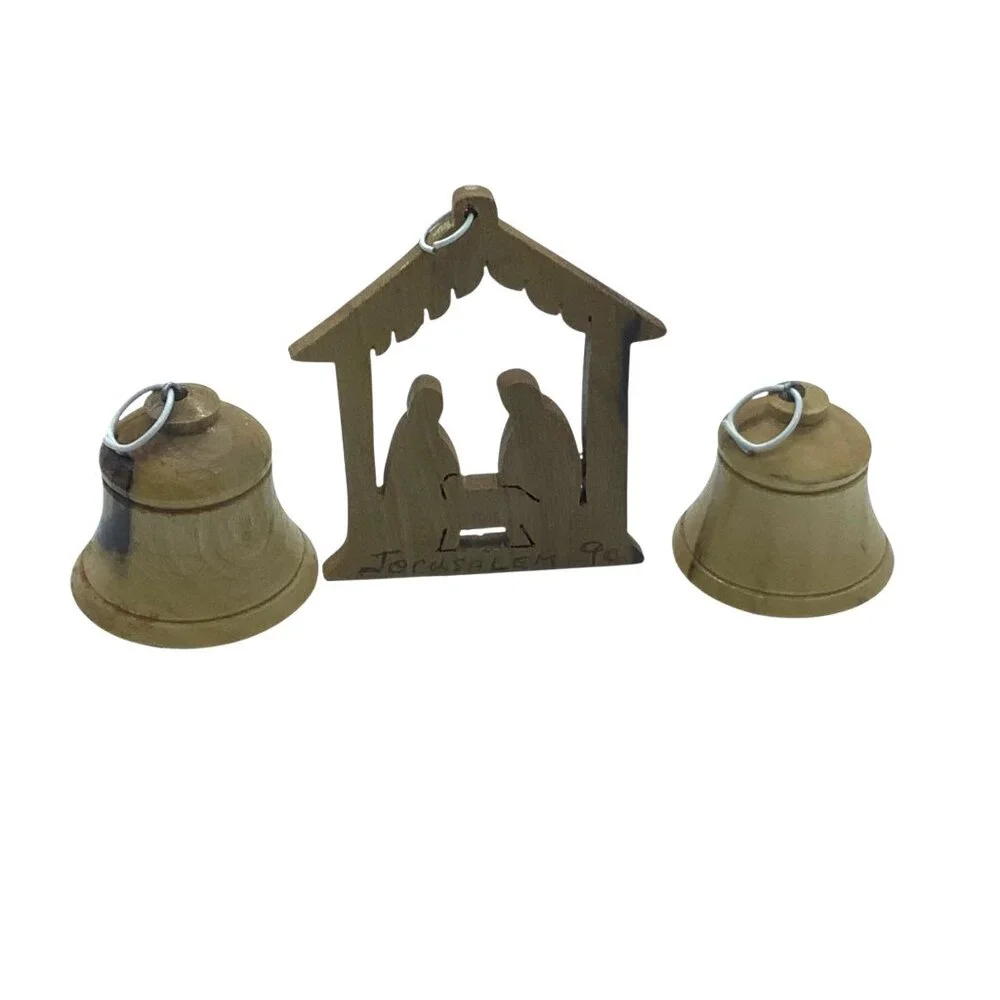 Vtg 1990 Wooden Nativity‎ Scene Bells Ornaments Israel Holy Land Jerusalem